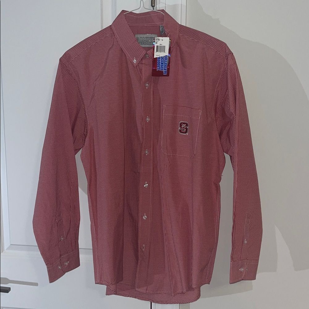 New NWT NC State Wolfpack gingham plaid Non Iron Check LS dress work shirt L